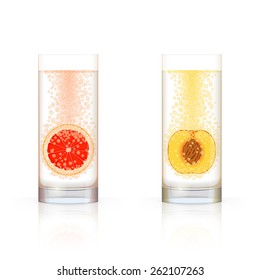 Glass with sliced grapefruit and glass with sliced peach, with bubbles inside, on white background