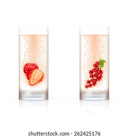 Glass with sliced strawberry and glass with sprig of red currant, with bubbles inside, on white background