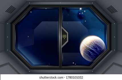 Glass sliding gates lab or space station. Fantastic interior. Vector graphics with transparency effects