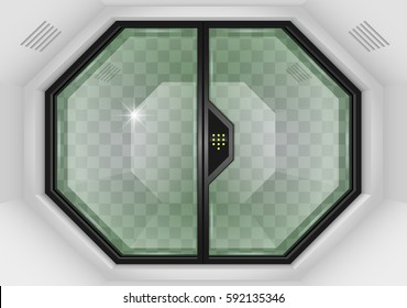 Glass sliding gates lab or space station. Fantastic interior. Vector graphics with transparency effects