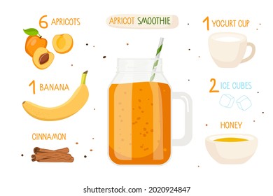 Mugre lisa de vidrio e ingredientes para el plátano aprico smoothie. Receta de albaricoque liso. Frutas, taza de yogur, canela, miel. Para la cafetería o el menú del restaurante. Bebida fresca enérgica. Receta de batido orgánico