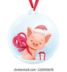 Glass snow ball decorative souvenir with pig cartoon character inside. Vector illustration