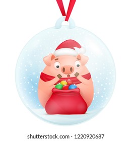 Glass snow ball decorative souvenir with pig cartoon character inside. Vector illustration