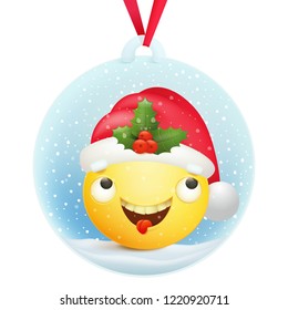 Glass snow ball decorative souvenir with cartoon yellow emoji character inside. Vector illustration