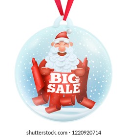 Glass snow ball decorative souvenir with santa claus cartoon character inside. Vector illustration