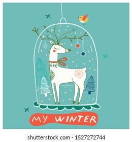 Glass snow ball with Deer and a Christmas trees.hand drawn vector illustration.