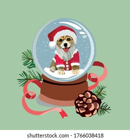 Glass snow ball with falling snow, cute dog in a Christmas Santa costume .Magic glass sphere on a light background.