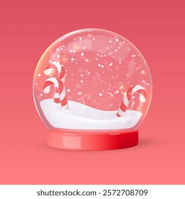 Glass snow globe with snow, candy canes, red podium, base. Vector illustration isolated on red background. Happy New Year greeting card. For party, flyer, banner, web, advertising. Christmas sale
