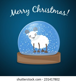 glass snow globe with cartoon sheep, New Year greetings background