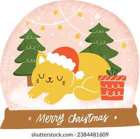 Diseño decorativo de la Navidad en globo de nieve de vidrio. Crayon Brush Cute Cat Navidad Snowball