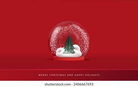 Glass snow globe Christmas vector. Podium with transparent glass, green tree and snow inside. Xmas red round scene. Red Studio for display or promotion sale product. Snowball concept.
