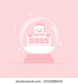 Glass snow globe with cute snowman inside holding banner with number 2025, pink vector illustration in flat style