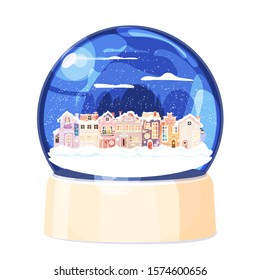 Glass snow globe with elegantly decorated cute houses. Present Happy new year and Merry Christmas.