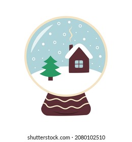 Eine gläserne Schneedecke mit fallendem Schnee, ein kleines Haus und ein Weihnachtsbaum. Magische Weihnachtsglanzkugel. 