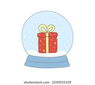 Globo de cristal de la nieve con el regalo dentro. Bola decorativa de las Navidades con la escena del invierno, bola de nieve con los copos de nieve. Ilustración vectorial dibujado a mano doodle ilustración de dibujos animados