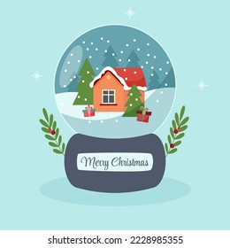 Glass snow globe with a house and Christmas trees. Flat illustration on a blue background, inscription merry christmas, mistletoe