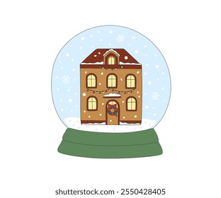 Glass snow globe with house inside. Christmas decorative ball with winter scene, snowball with snowflakes. Vector illustration hand drawn doodle cartoon illustration