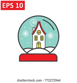 Glass snow globe with house and winter landscape. Snow ball flat color line icon - Christmas decoration or gift. Waterglobe vector illustration - transparent sphere, New Year giveaway or toy.