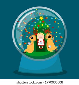 In a glass snow globe Mrs. Santa with deers drinks hot chocolate with marshmallows in a house. Mother Christmas is sitting on a chair near a decorated Christmas tree. Cartoon characters.