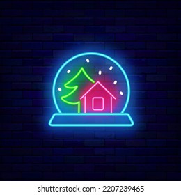 Glass snow globe neon icon. Christmas tree and house. Happy new year and Merry Christmas. Season winter decoration. Light label on brick wall. Editable stroke. Vector stock illustration