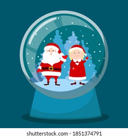 Glass snow globe with Santa Claus and Mrs. Santa inside against a background of blue fir trees. Cartoon vector illustration on the theme of Christmas. There is a place for your text.