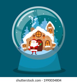 Glass snow globe with Santa Claus inside and his house. Cartoon vector illustration for Christmas greeting cards. There is a place for your text.