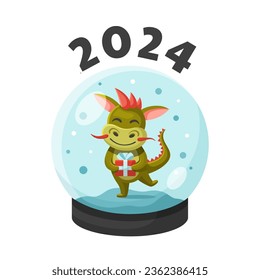 Glass snow globe with a small dragon holding a gift, concept of the year of the dragon. New year 2024 illustration. Postcard with chinese dragon. Glass ball with snow. Kids illlustration.