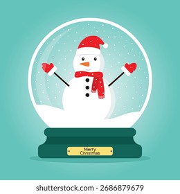 Glass snow globe with a snowman inside. Crystal ball gift for winter holidays, Christmas, and New Year. Flat cartoon vector illustration
