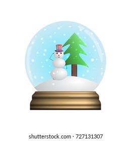 glass Snow Globe souvenir. Snowflakes, chistmas funny Snowman. Vector illustration