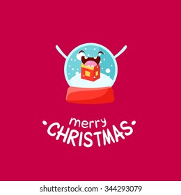 Glass snow globe Vector Cheerful Christmas card. Merry Christmas and Happy New Year