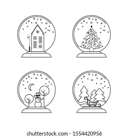 Glass snow globes on a stand with winter and New Year compositions. Winter landscape, house, New Year tree, sled, snowman. Vector concept of gift or souvenir. Element of holiday greeting.
