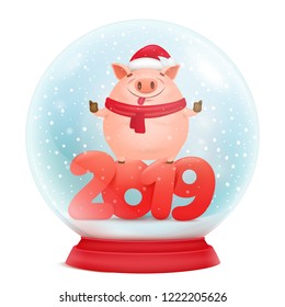 Glass snowball decorative souvenir with pig cartoon character inside. Vector illustration