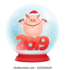 Glass snowball decorative souvenir with pig cartoon character inside. Vector illustration