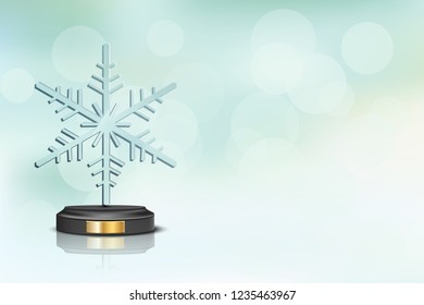Glass snowflake on blurred winter holiday background. Vector Christmas and New Year design template