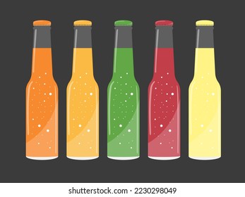Glass soda bottles isolated on grey background. Bottle of lemonade. Glass bottles with fruit juice. Set of carbonated drinks.
