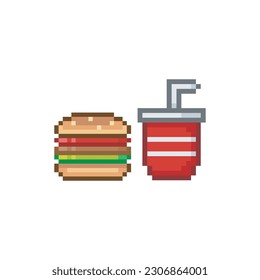Glass of soda and burger, pixel art food