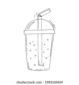 A glass of soda. Cooling drink. The juice. Vector. Doodle. Freehand illustration. Silhouette. Black and white outline. Coloring.