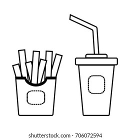 Glass of soda with french fries, outline design, vector illustration