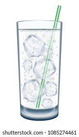 Glass of soda with ice cubes and straw. Isolated on white. Photo-realistic vector illustration.