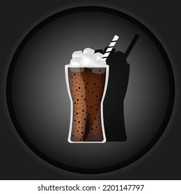 Glass soda with ice, straw and bubbles. Isolated caffeine in glass. Background with cold drink with sparkles.