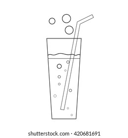 Glass soda icon. Fizzy liquid with bubbles and piece of straw. Black sign, isolated on white background. 