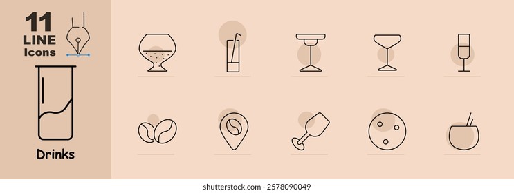 Glass of soda, juice box, cocktail glass, martini glass, coffee beans, map pin with coffee, wine glass, coaster with mug, and coconut drink. Represents beverages for various occasions and preferences