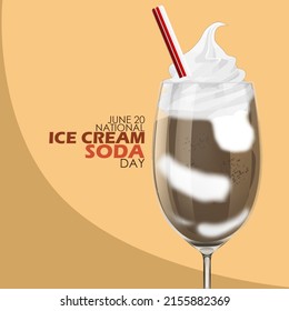 Un vaso de refresco mezclado con helado de vainilla y chocolate y una paja con textos en negrita sobre fondo marrón claro, Día Nacional de la Crema de Hielo Soda 20 de junio