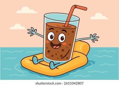 Um copo de refrigerante com um sorriso e uma palha está rolando alegremente sobre a água em um colchão inflável amarelo. Ilustração vibrante em desenho animado. Relaxando na costa do mar quente com um copo de refrigerante.