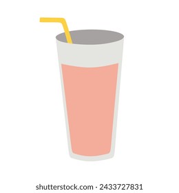 Glass of Soda with tubule on White. Vector Flat Illustration of Lemonade or Juice with Straw. Hand Drawn Cartoon Summer isolated Element, Beverage, Freshness concept. Tasty and Sweet Drink.