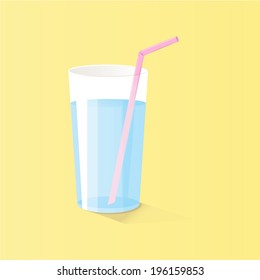 Glass of soda with tubule. Yellow background.