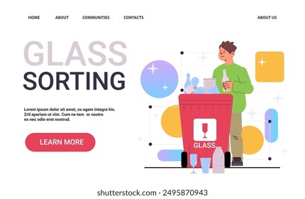 Glass sorting waste management concept illustration Man disposing glass items into a red bin surrounded by colorful geometric shapes Website design