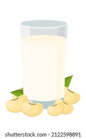 Glass of soy milk and soybeans with green leaf cartoon icon vector illustration.