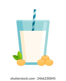 Glass of soy milk with a straw. Flat icon isolated on white background. Dairy-free beverage concept for vegan and lactose-intolerant consumers. Great for use in plant-based dietary guides