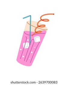 Glass of sparkling drink with ice cubes and straws. Refreshing soft beverage, cool summer cocktail. Cup of coctail, cold soda or fruit juice. Flat isolated vector illustration on white background